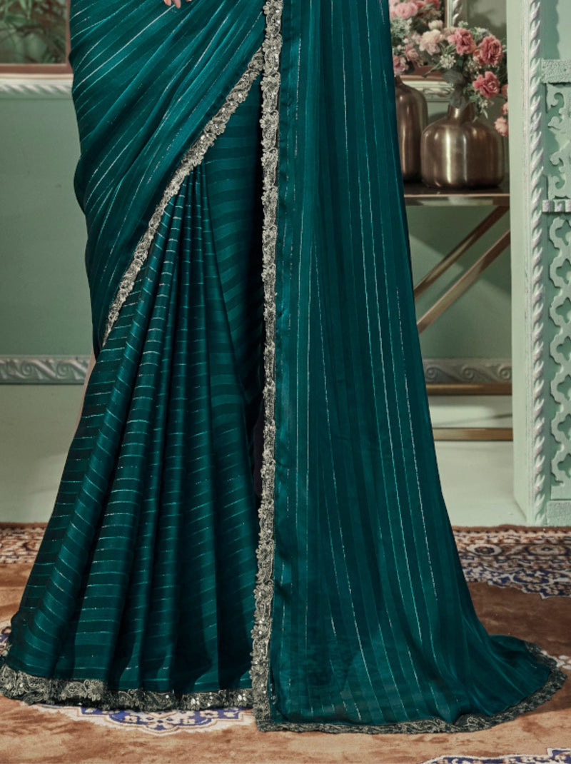 Midnight Green Premium Fancy Fabric Designer Wedding Party Saree