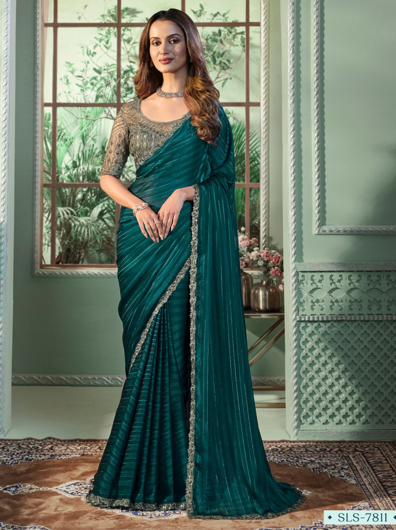 Midnight Green Premium Fancy Fabric Designer Wedding Party Saree - TrendOye