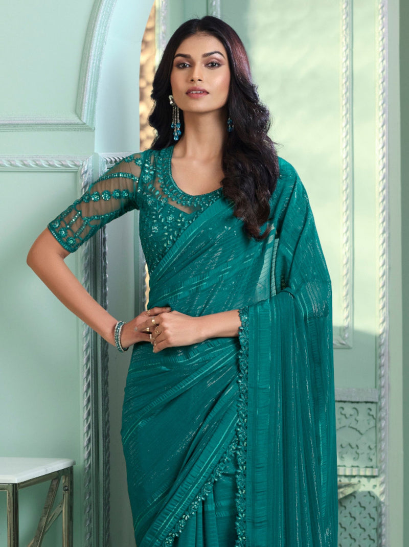 Pine Green Premium Fancy Fabric Designer Wedding Party Saree