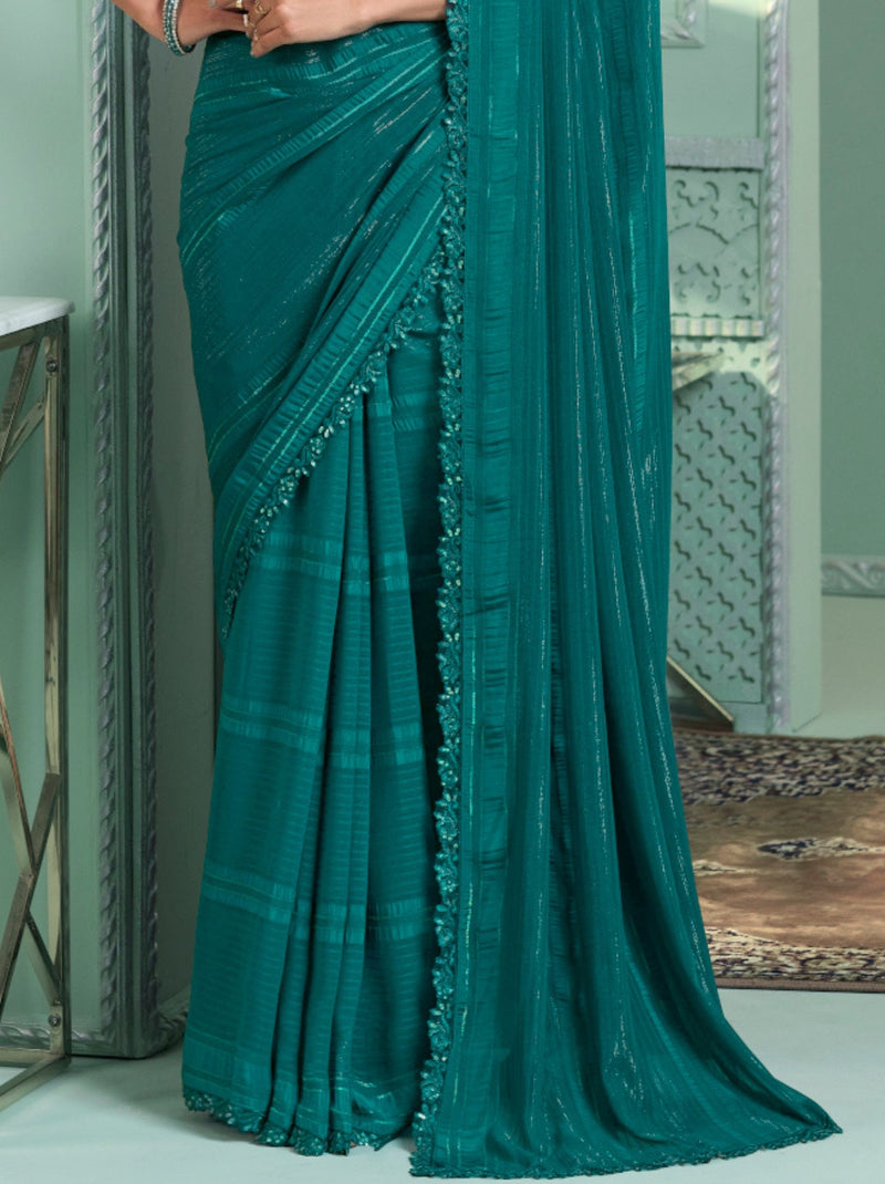 Pine Green Premium Fancy Fabric Designer Wedding Party Saree