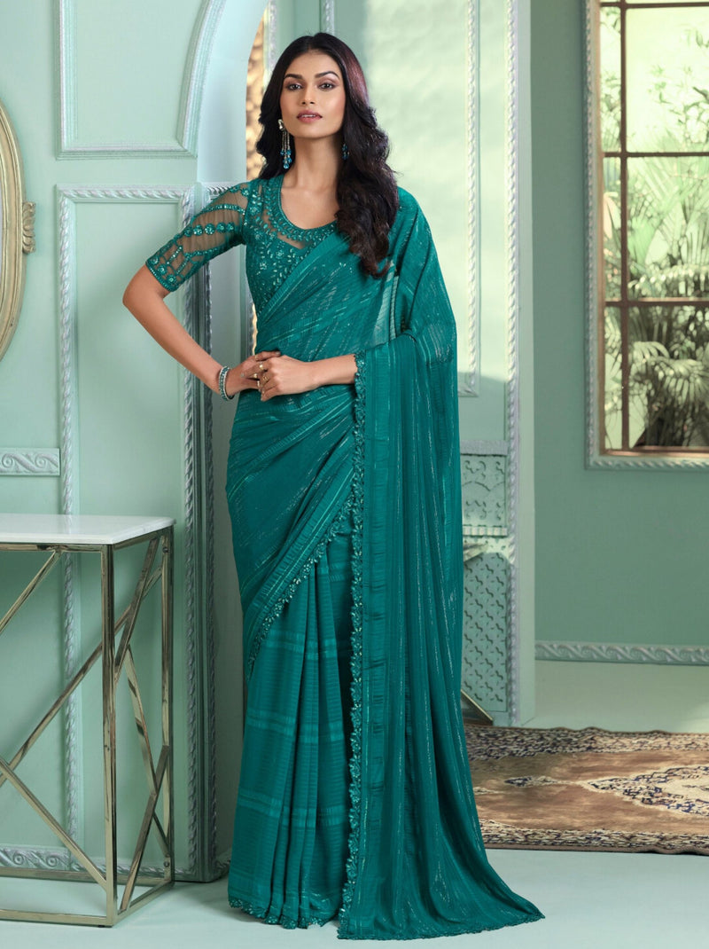 Pine Green Premium Fancy Fabric Designer Wedding Party Saree - TrendOye