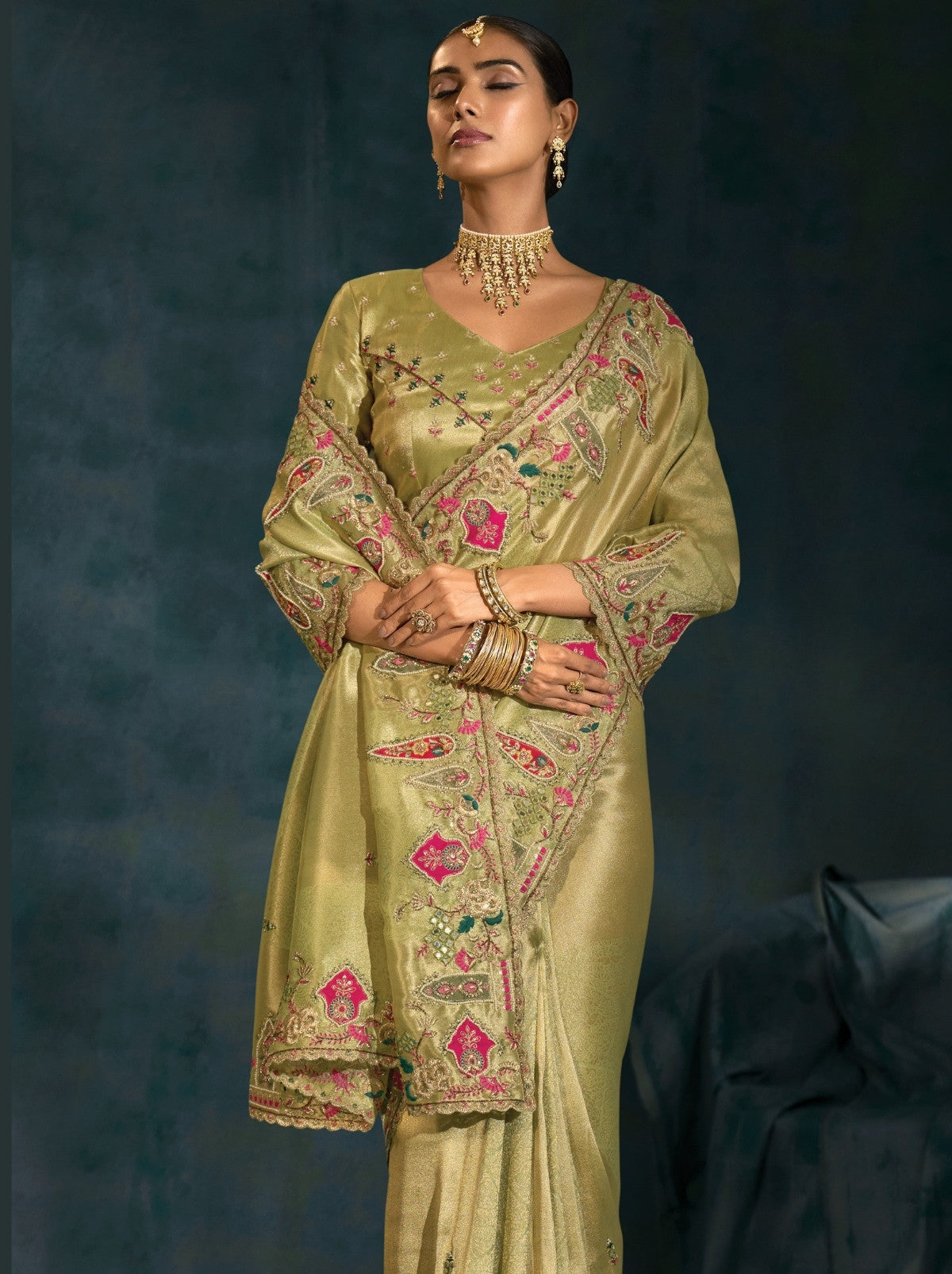 Moss Green Wedding Designer Soft Silk Saree With Blouse Piece