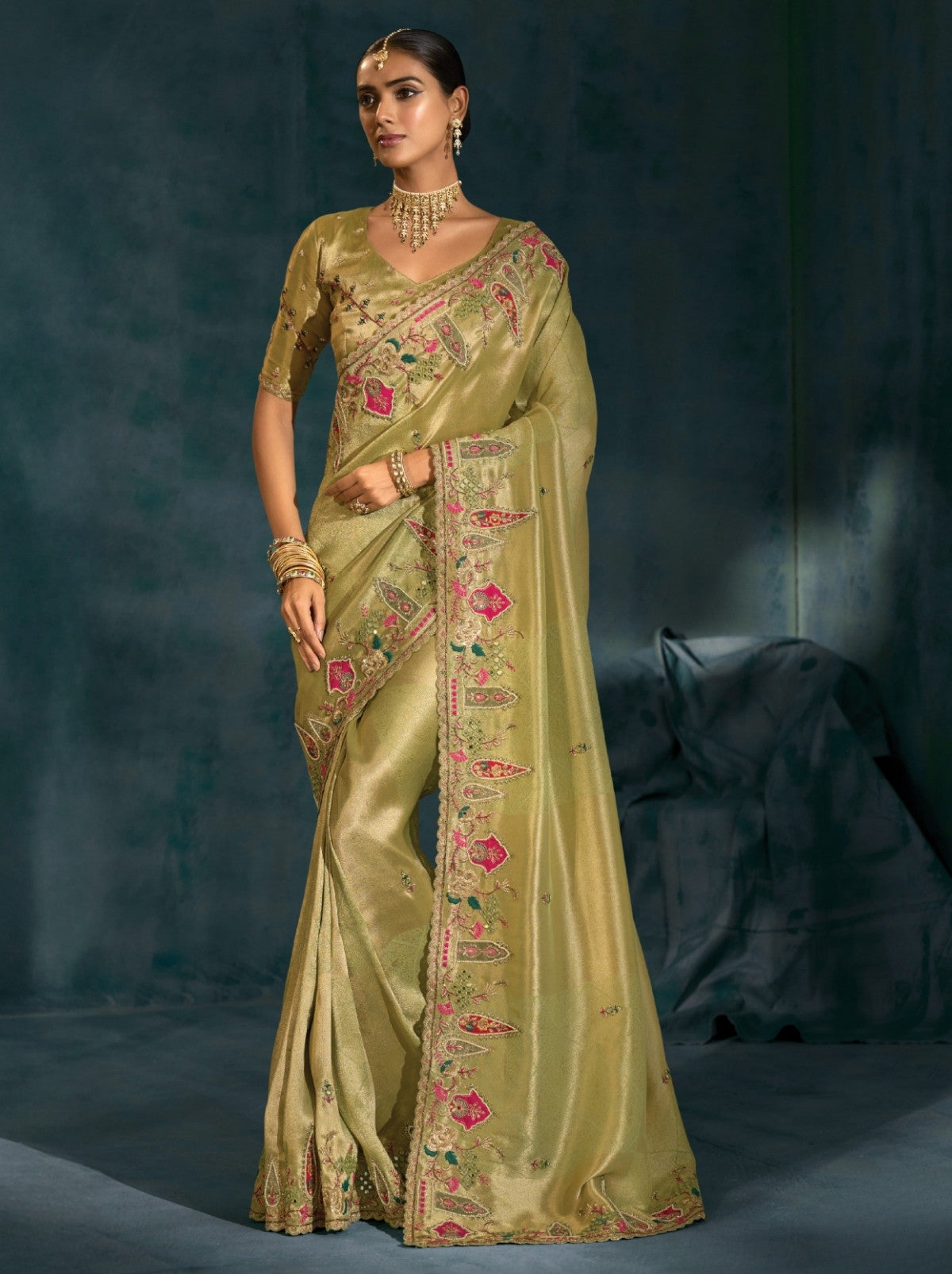 Moss Green Wedding Designer Soft Silk Saree With Blouse Piece
