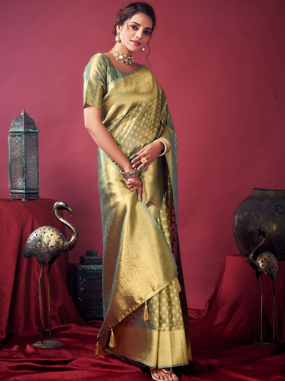 Jade Green Designer Tissue Silk Saree with Tassel Border