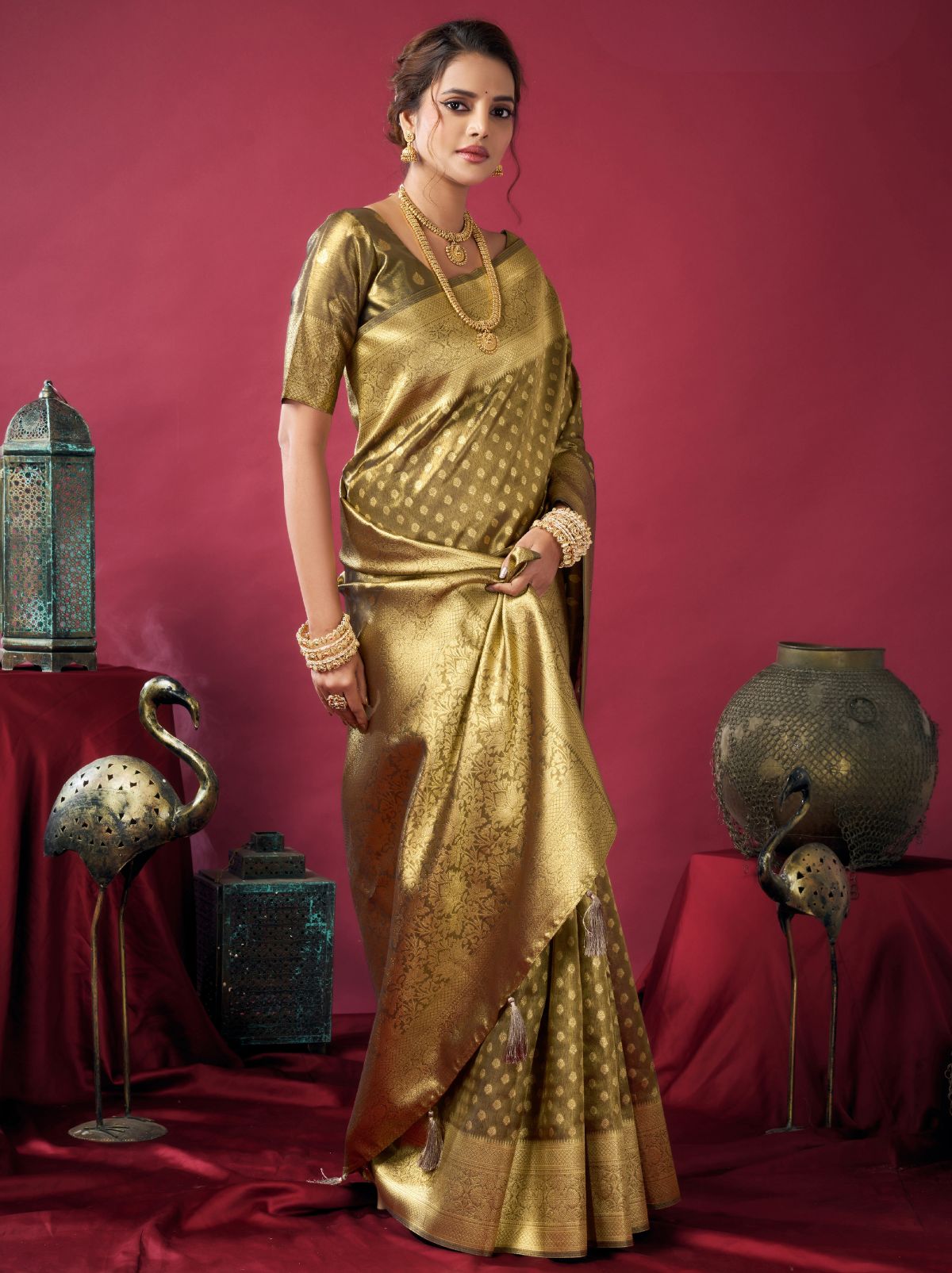 Olive Green Designer Tissue Silk Saree with Tassel Border