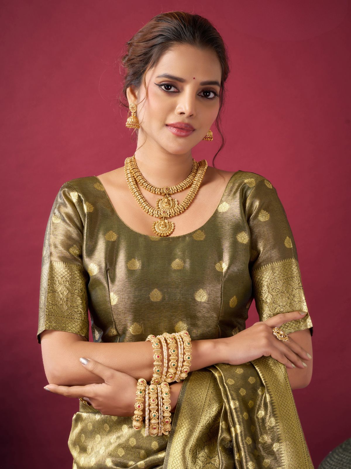 Olive Green Designer Tissue Silk Saree with Tassel Border
