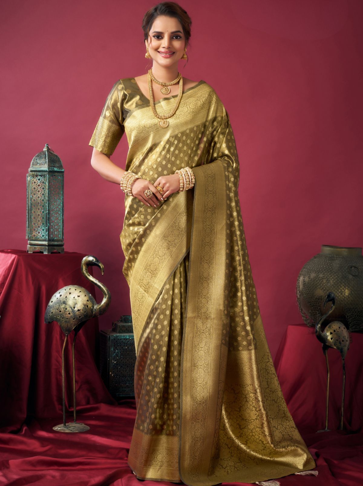 Olive Green Designer Tissue Silk Saree with Tassel Border