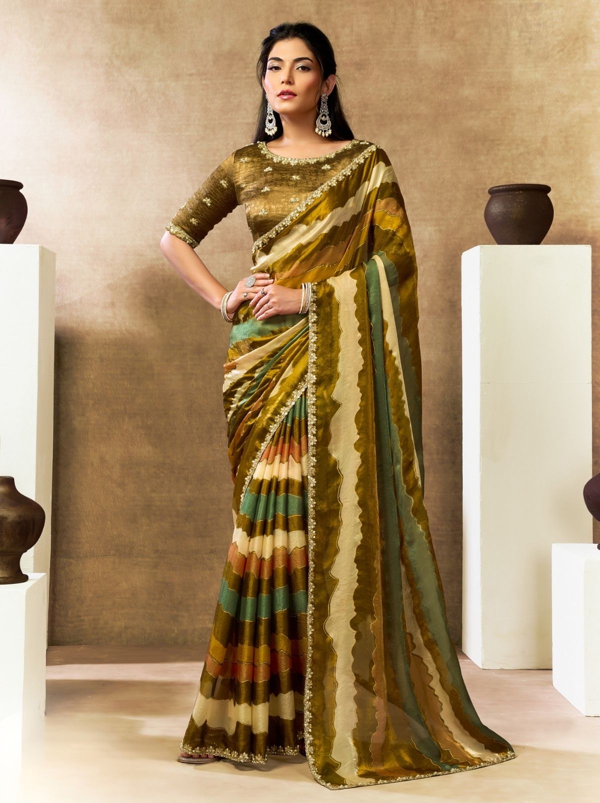 Olive Green Designer Two Tone Satin Silk Saree With Blouse Piece - TrendOye