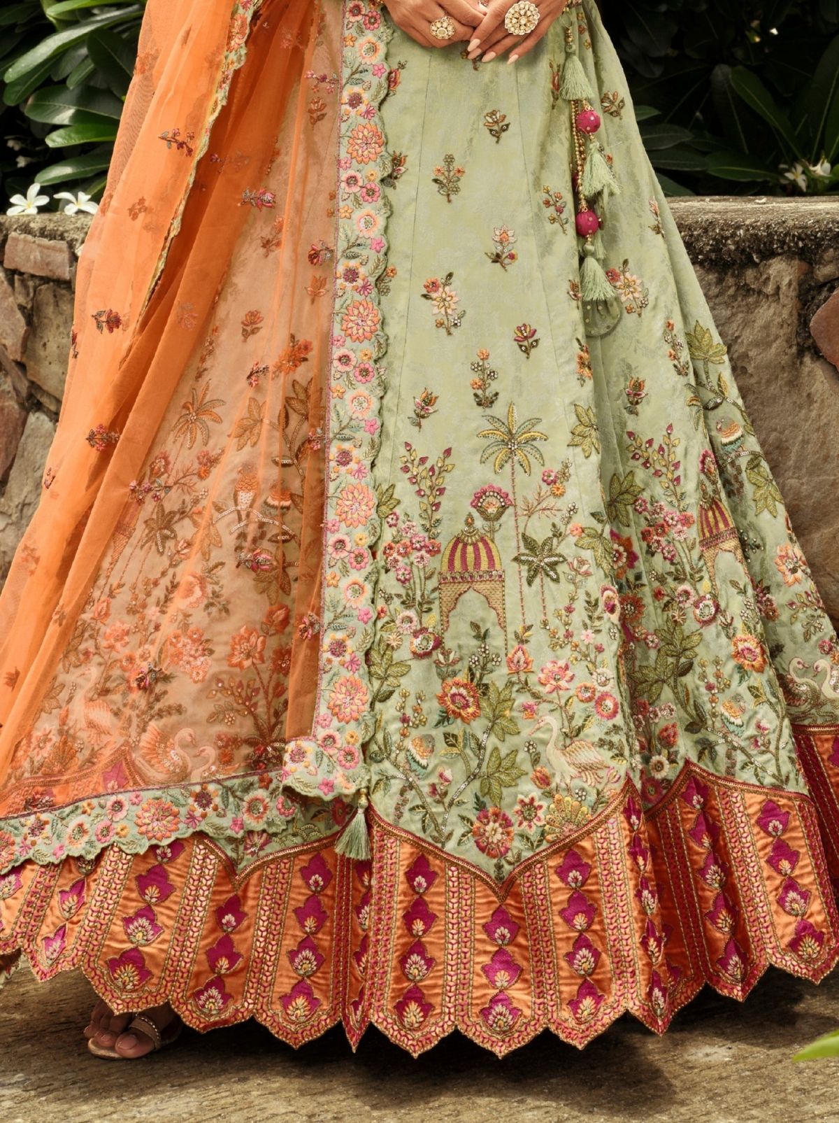 Tea Green Designer Wedding Lehenga Set With Cut Work Border