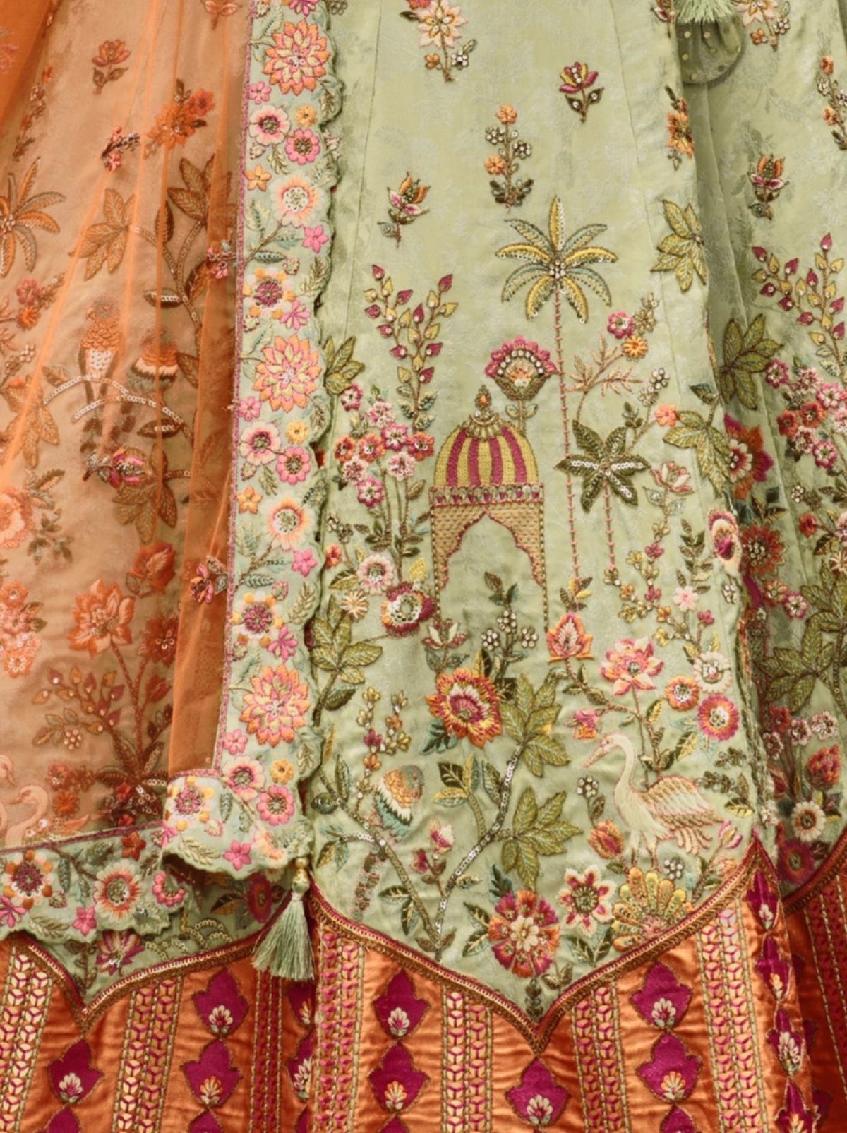 Tea Green Designer Wedding Lehenga Set With Cut Work Border