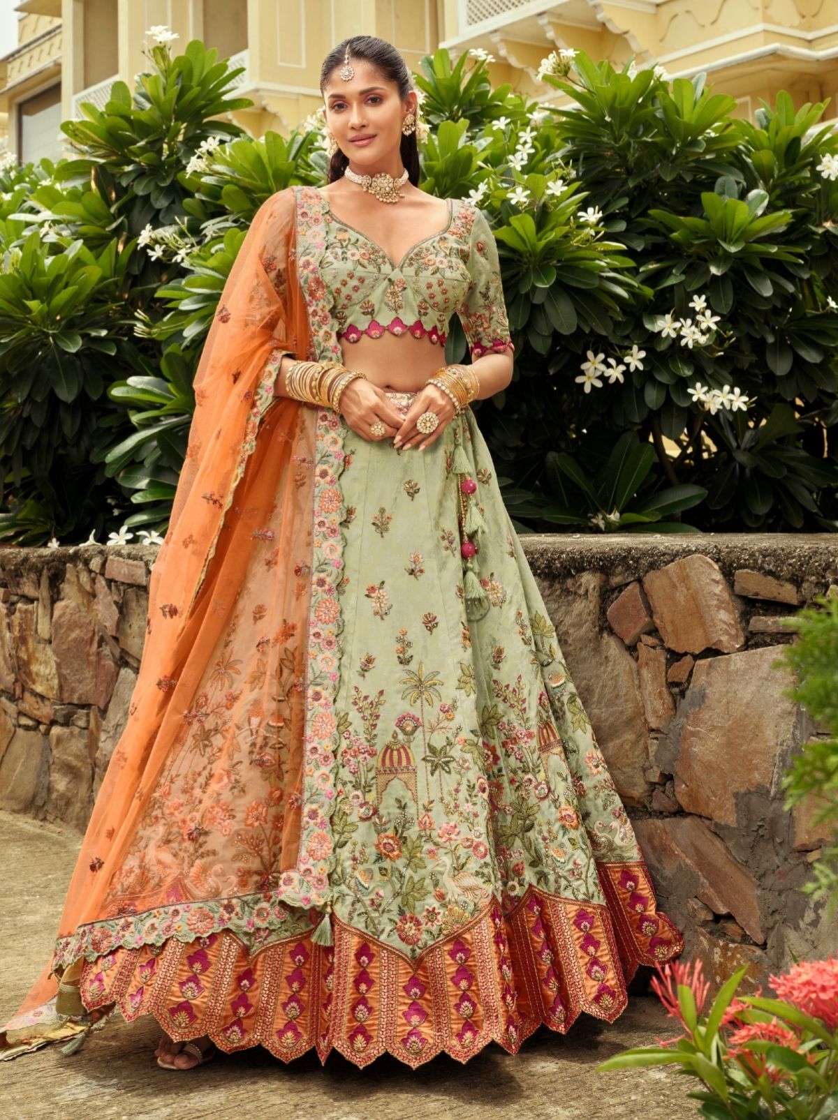 Tea Green Designer Wedding Lehenga Set With Cut Work Border