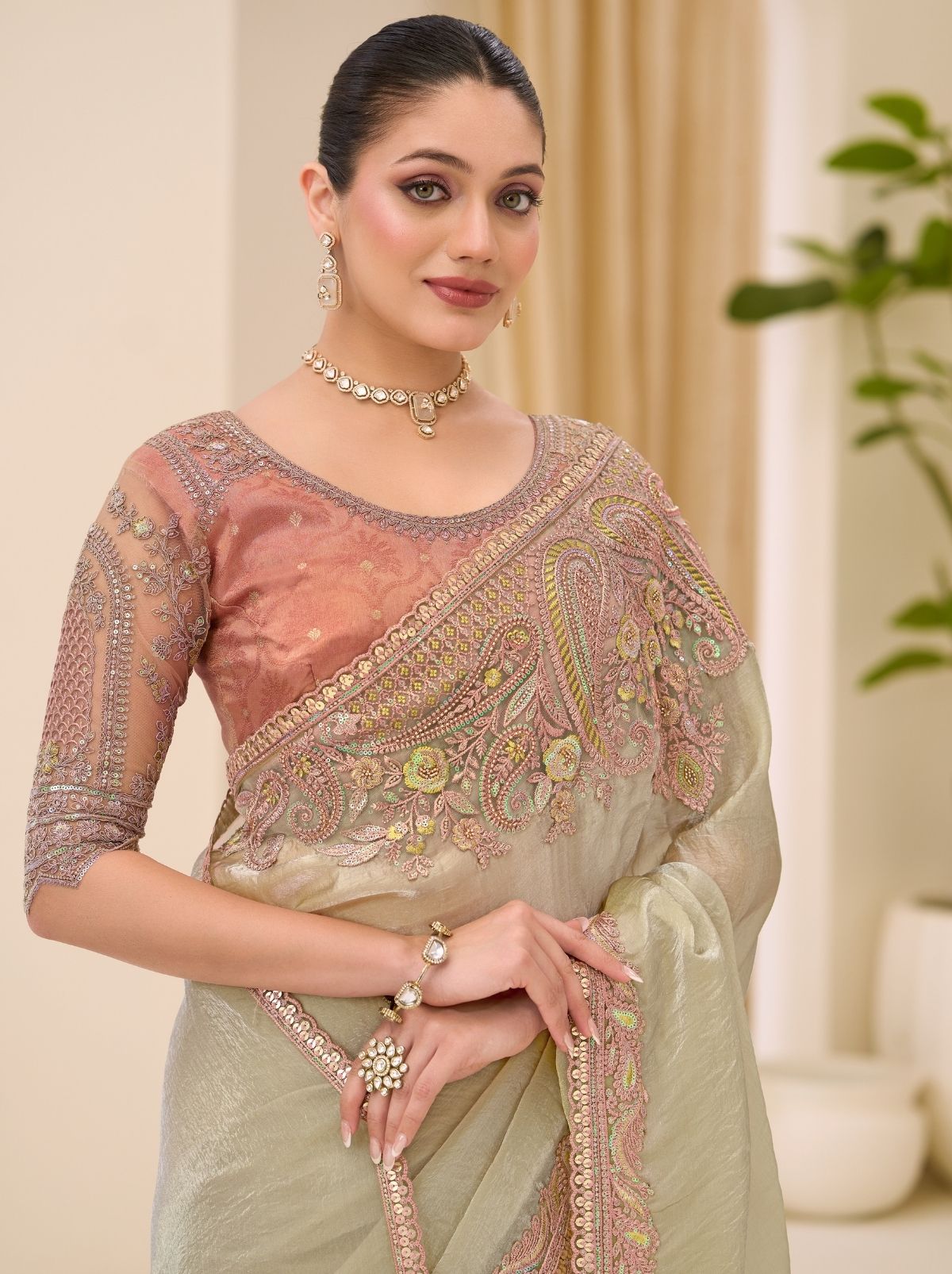 Tea Green Designer Wedding saree With Blouse Piece - TrendOye
