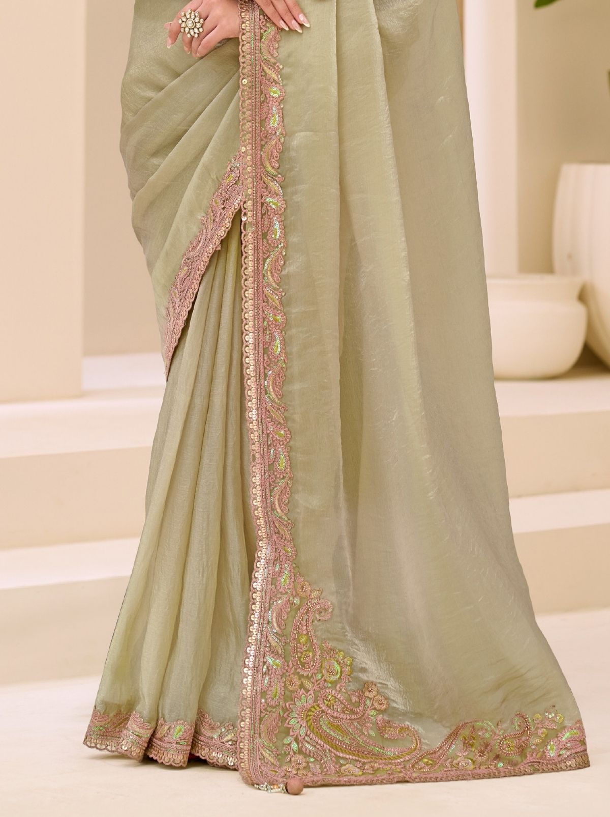 Tea Green Designer Wedding saree With Blouse Piece - TrendOye