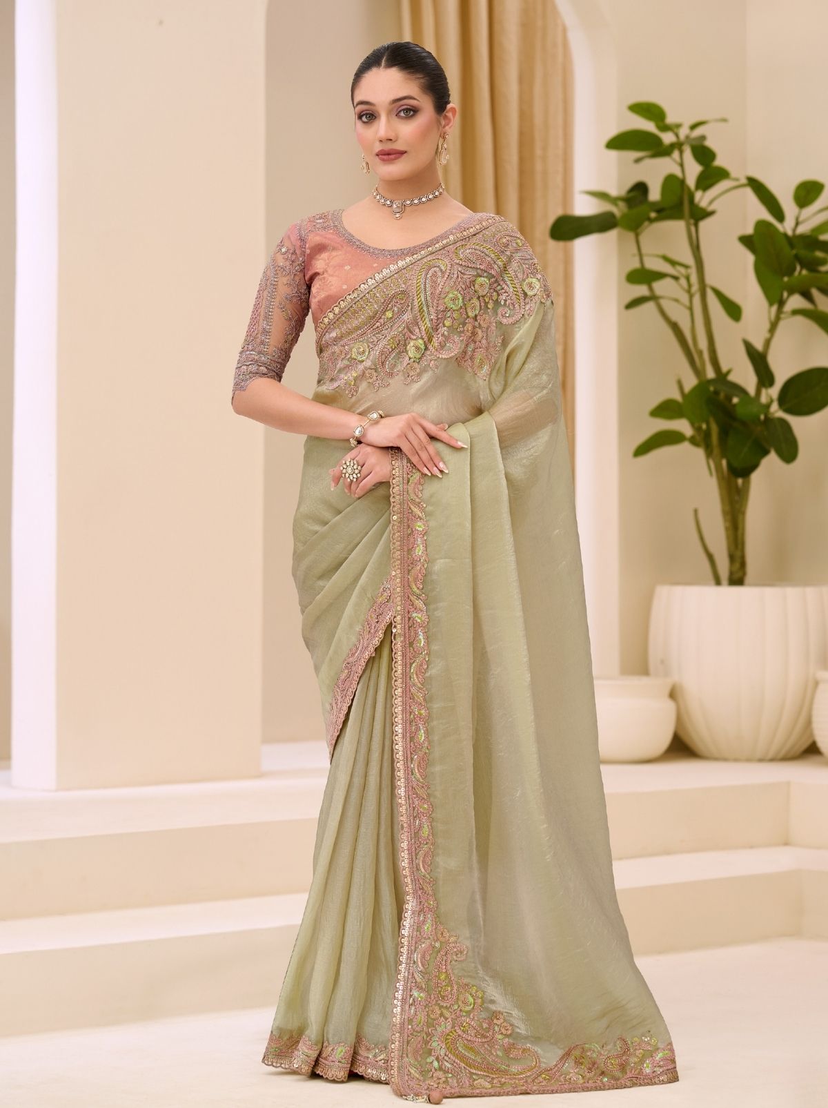Tea Green Designer Wedding saree With Blouse Piece - TrendOye