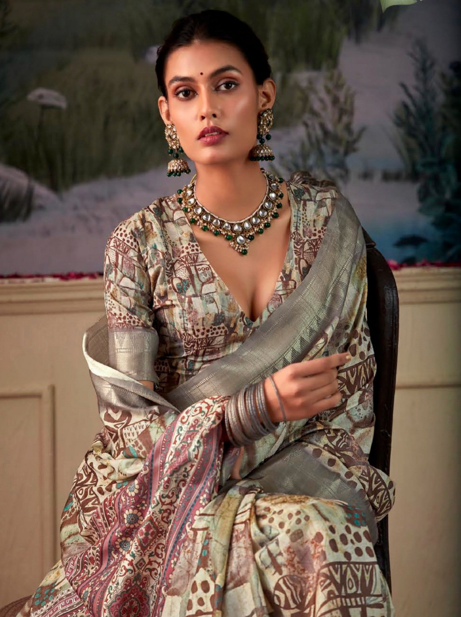 Tea Green Fancy Digital Silk Festive Saree - TrendOye