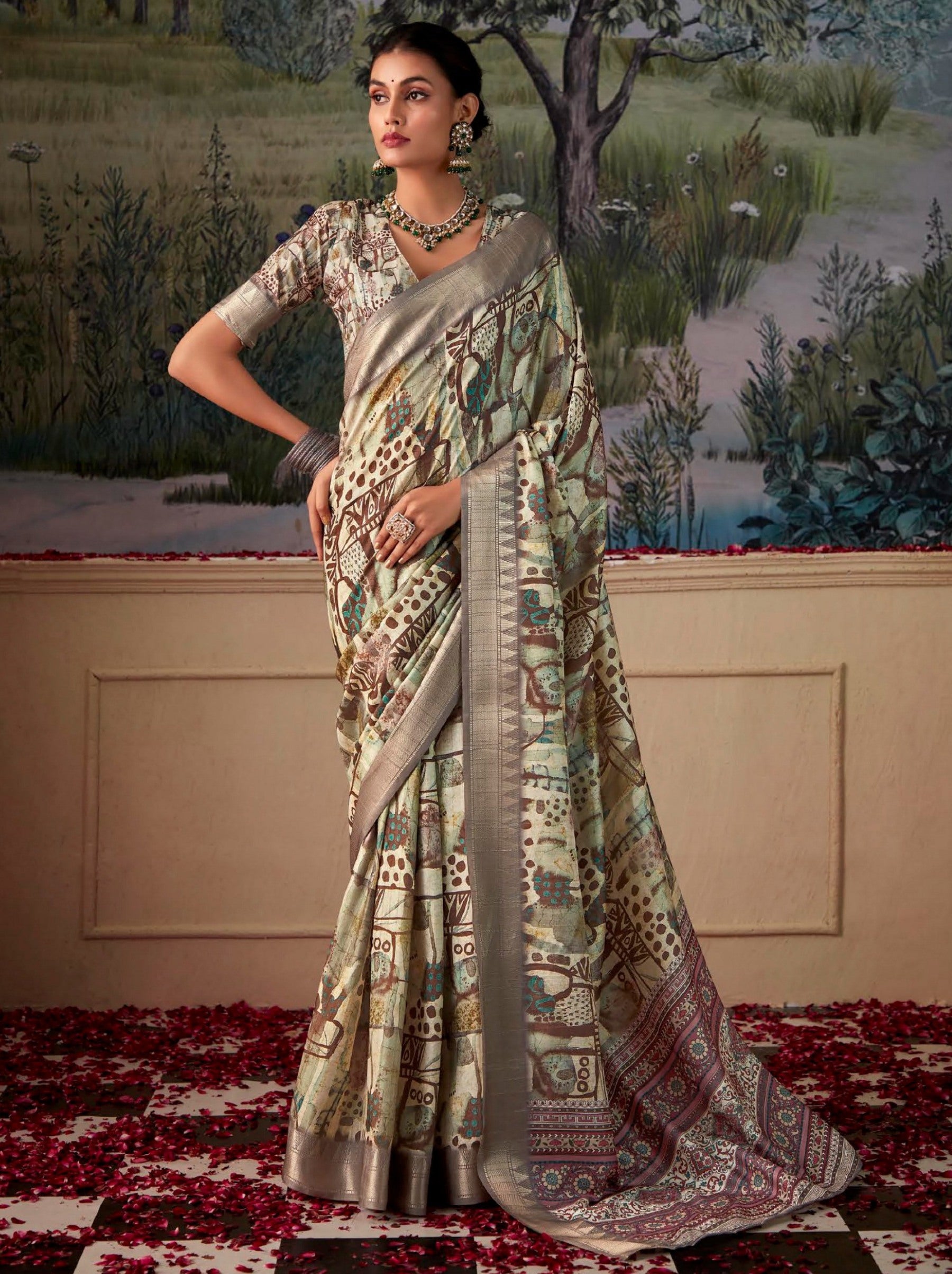 Tea Green Fancy Digital Silk Festive Saree - TrendOye