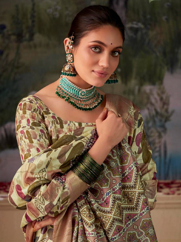 Pastel Green Fancy Digital Silk Festive Saree