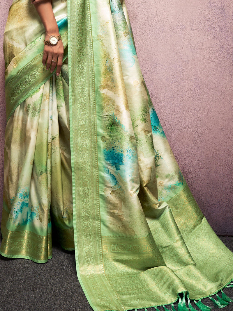 Tea Green Silk Blended Saree - TrendOye