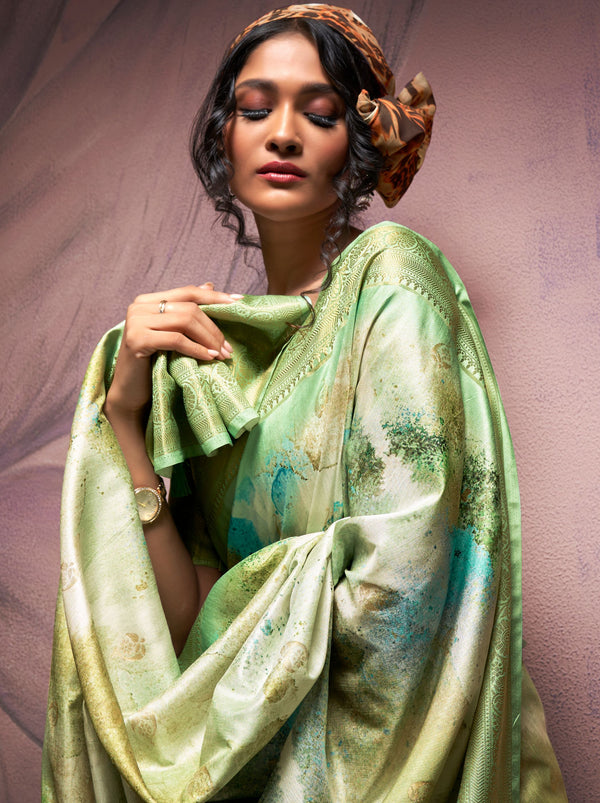 Tea Green Silk Blended Saree - TrendOye