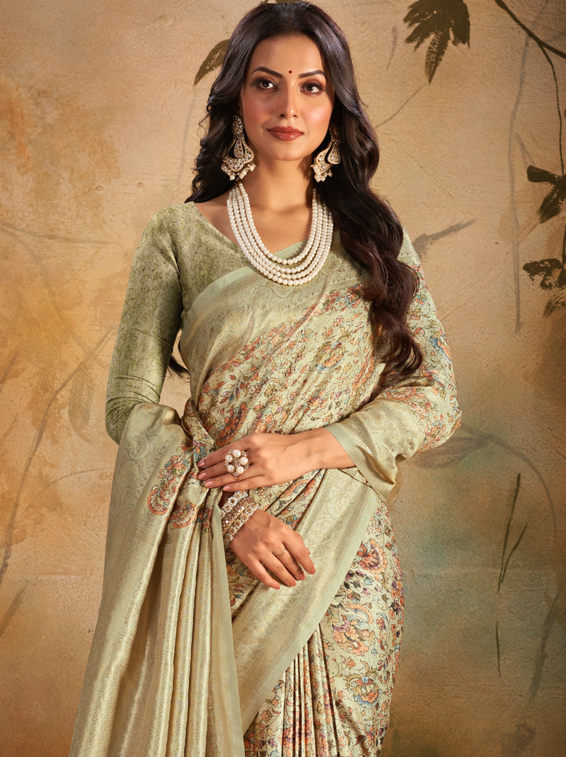 Sage Green Fine Digital Silk Party Saree With Blouse Piece