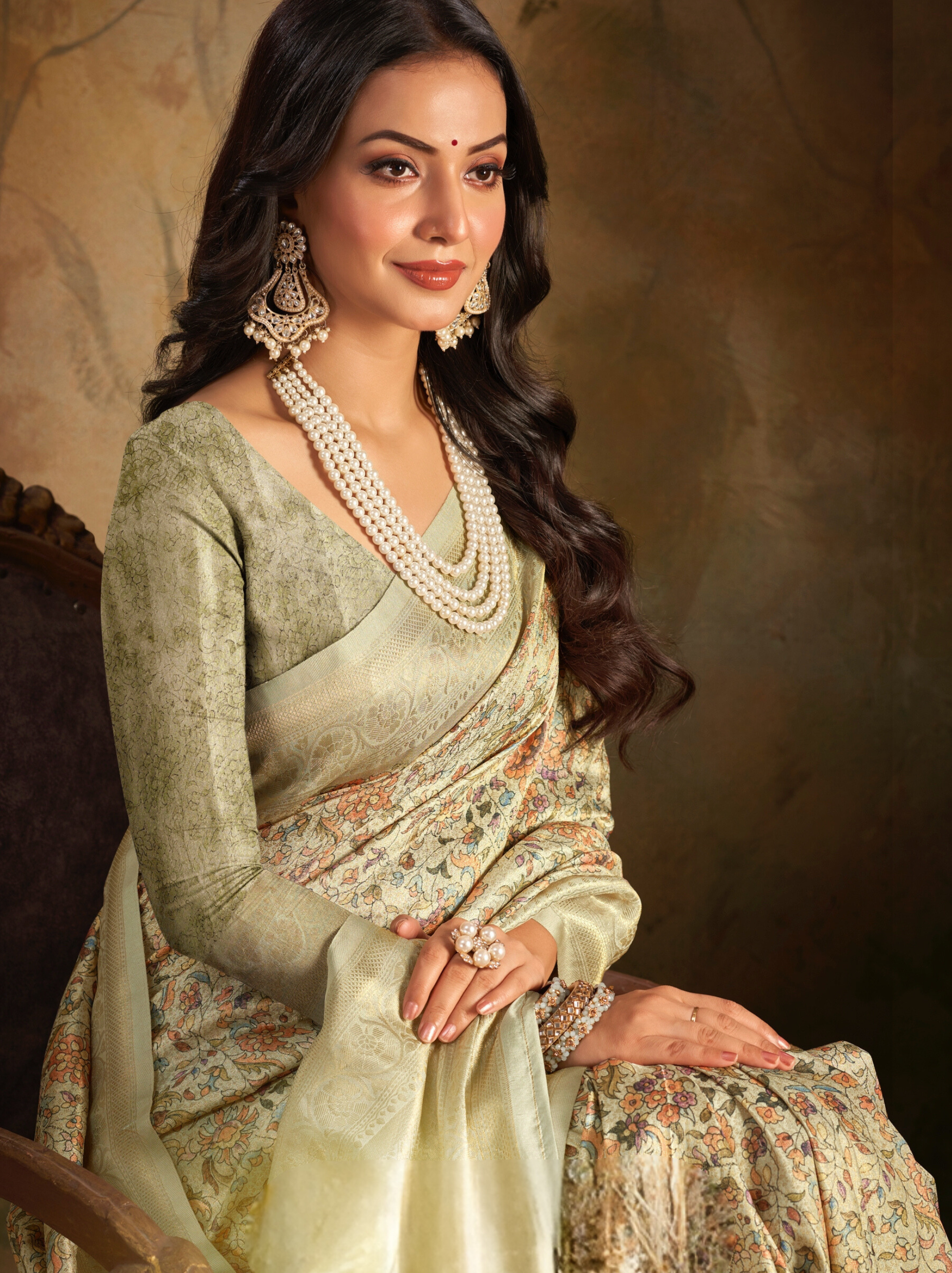 Sage Green Fine Digital Silk Party Saree With Blouse Piece - TrendOye