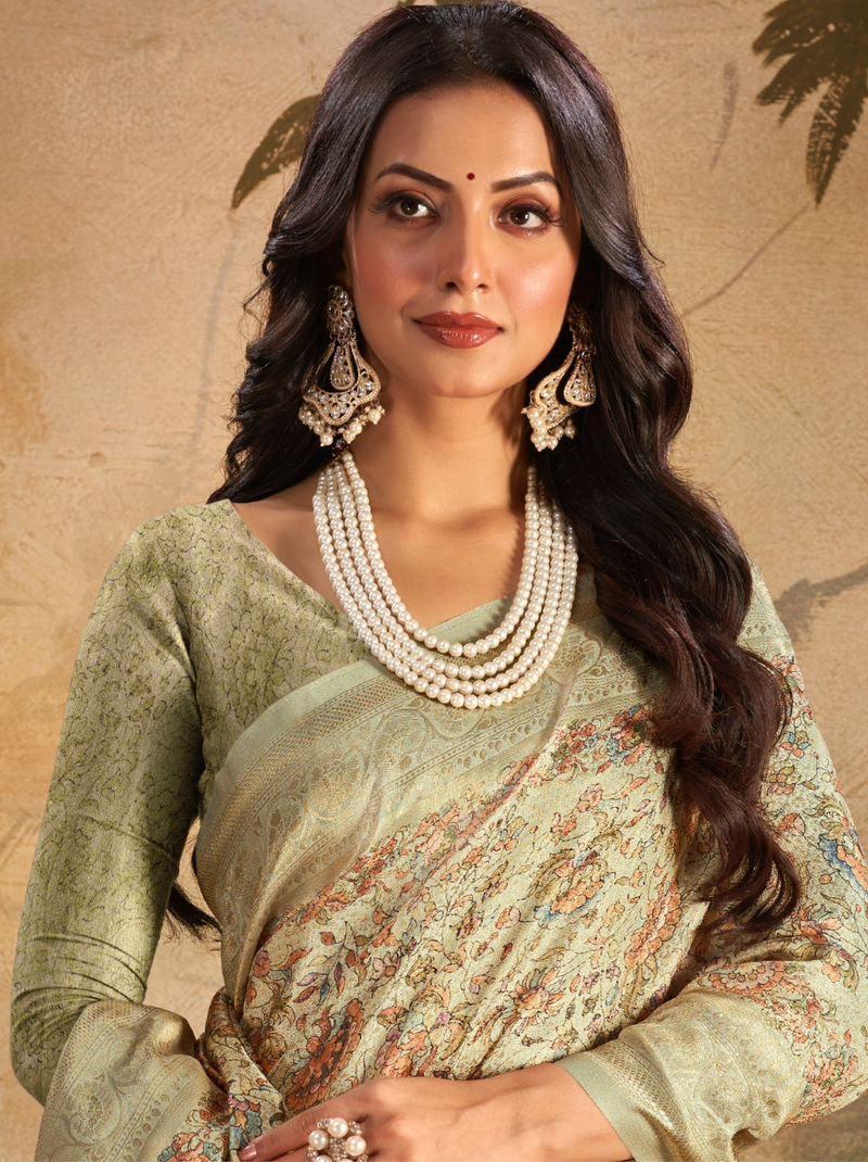 Sage Green Fine Digital Silk Party Saree With Blouse Piece