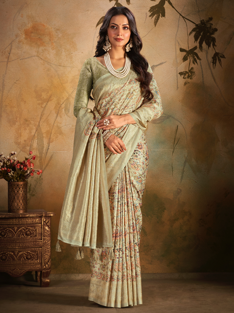 Sage Green Fine Digital Silk Party Saree With Blouse Piece - TrendOye