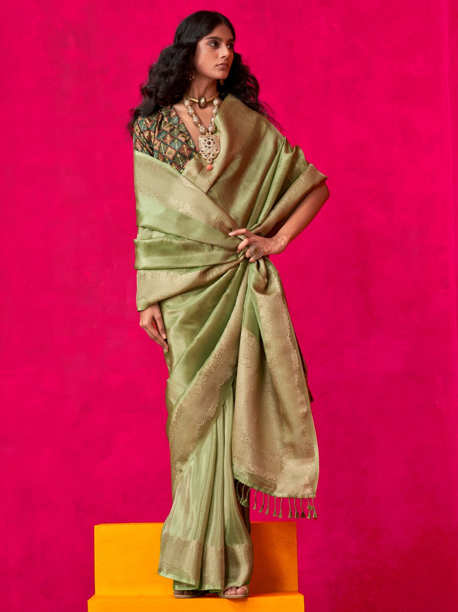 Jade Green Tissue Silk Party Saree - TrendOye