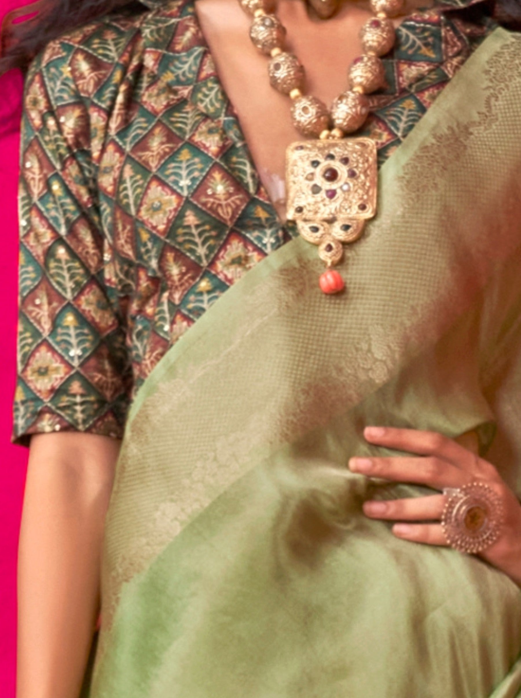 Jade Green Tissue Silk Party Saree - TrendOye