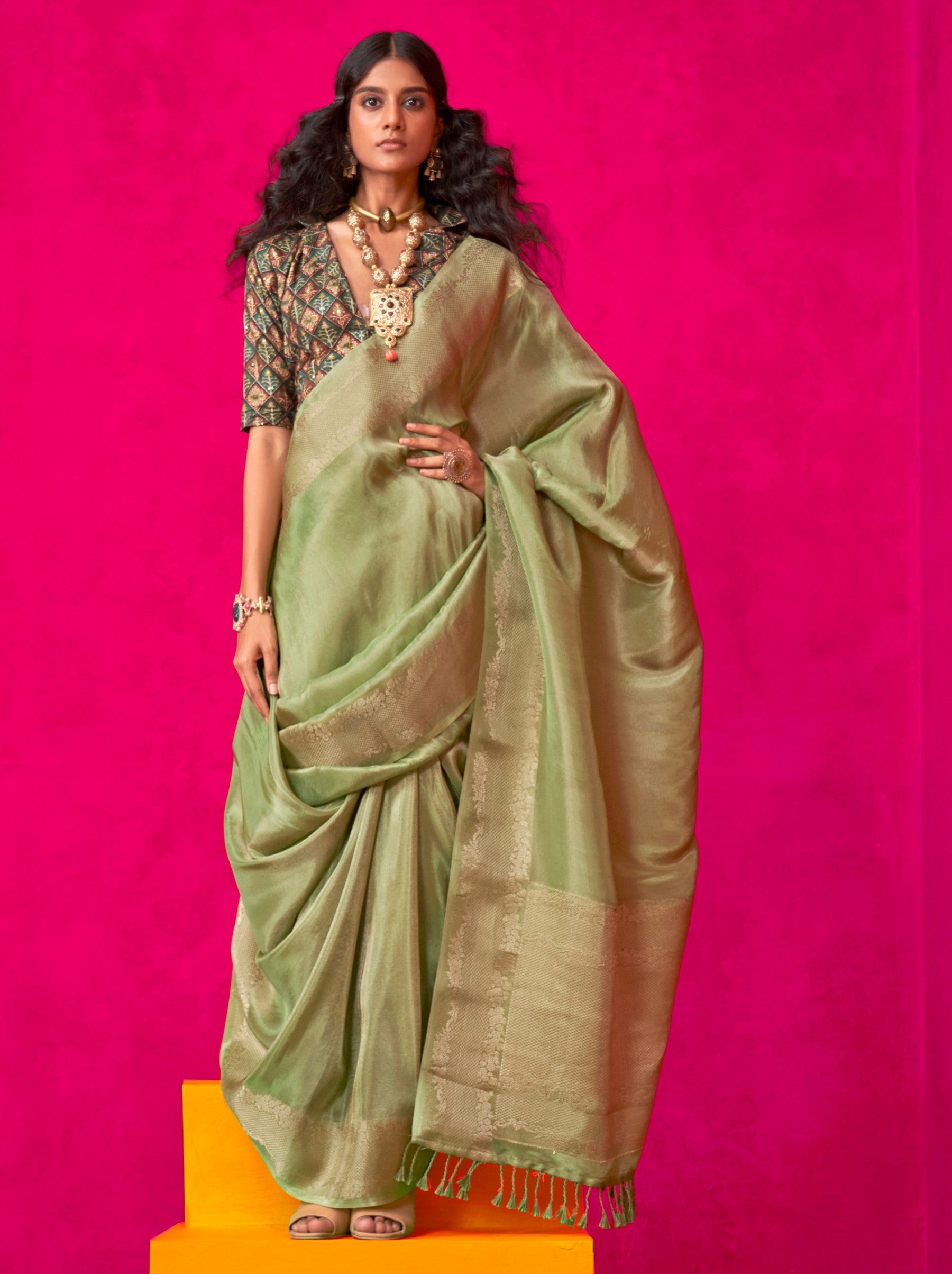 Jade Green Tissue Silk Party Saree - TrendOye