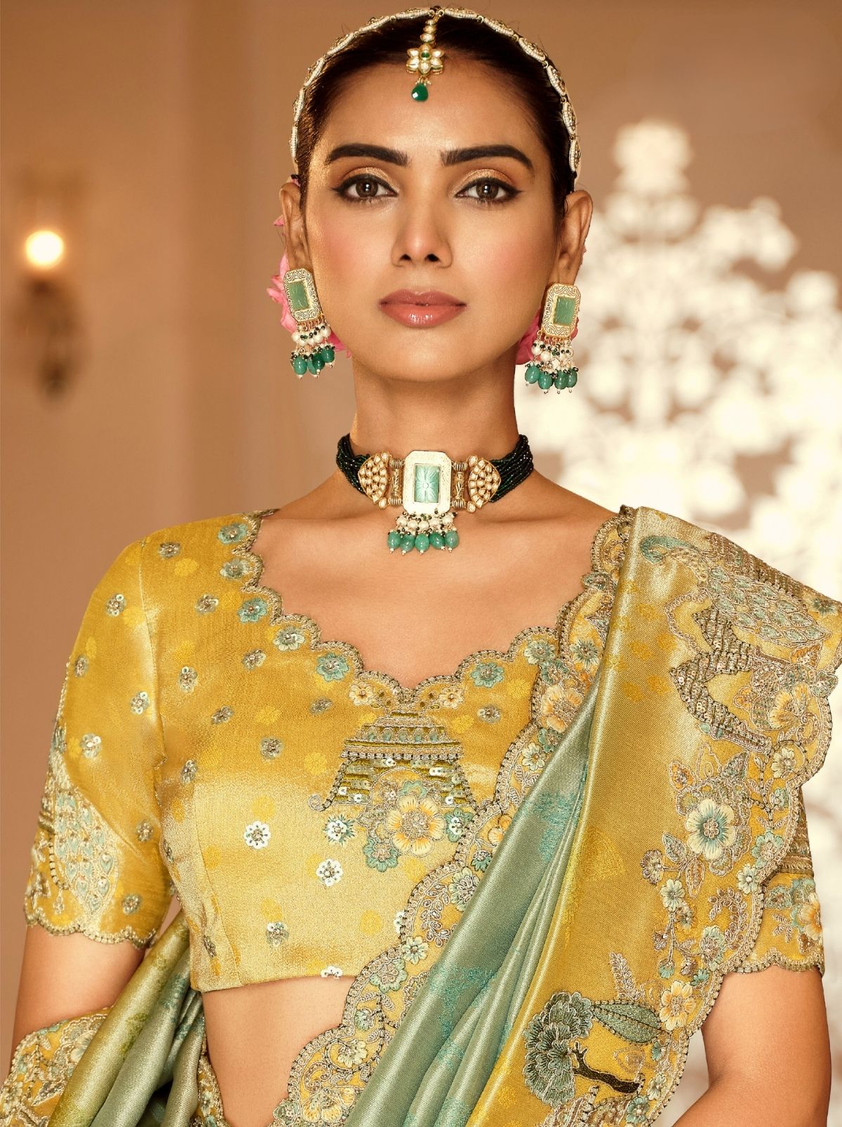 Pastel Green Elegant Designer Wedding Wear Saree With Blouse Piece - TrendOye
