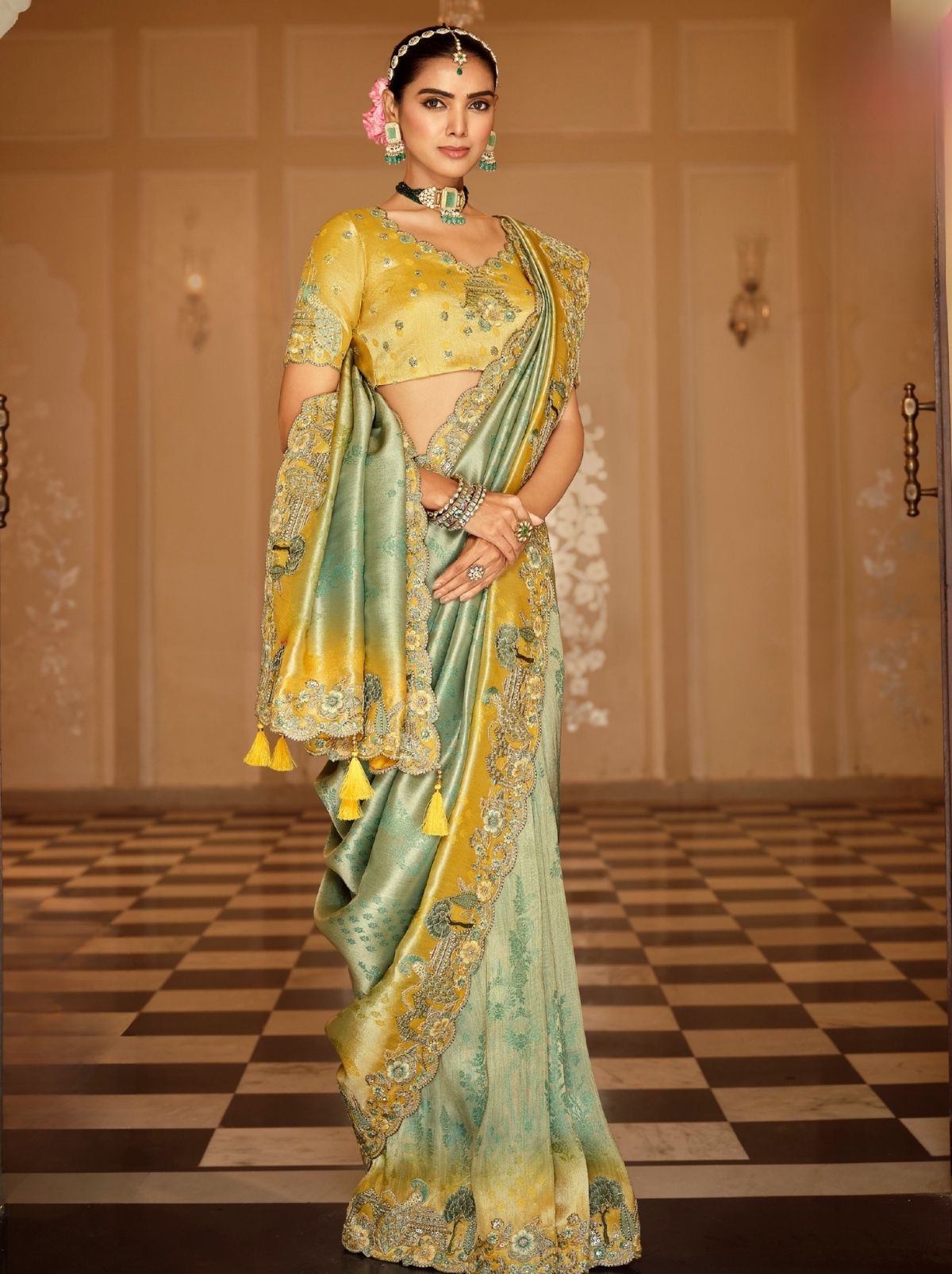 Pastel Green Elegant Designer Wedding Wear Saree With Blouse Piece - TrendOye