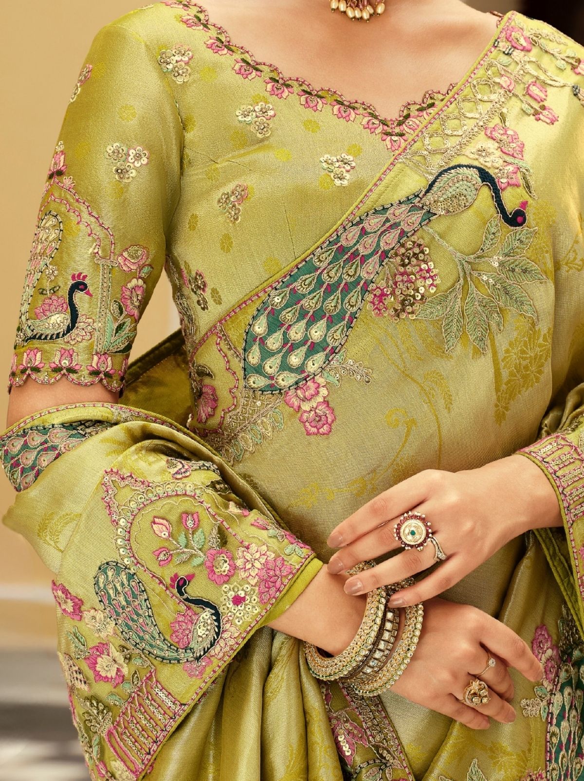 Apple Green Fine Soft Silk Saree with Heavy Embroidery Work - TrendOye