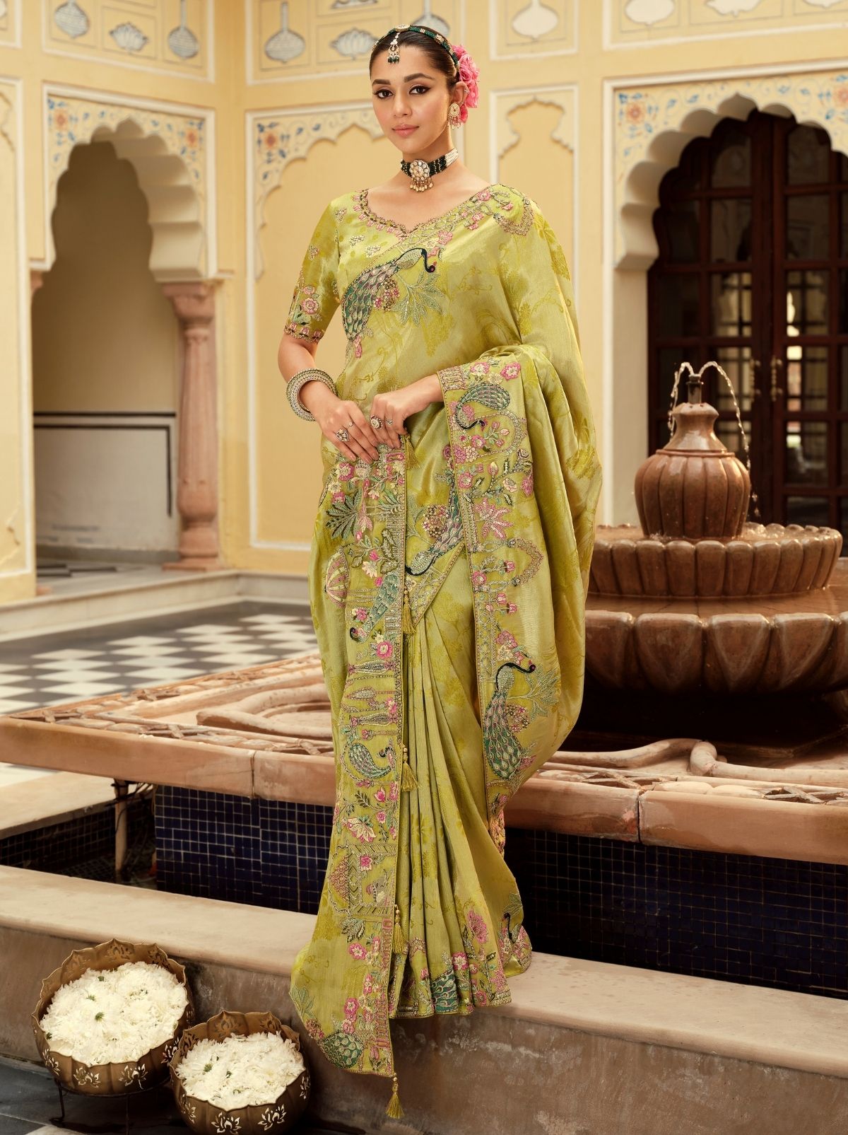 Apple Green Fine Soft Silk Saree with Heavy Embroidery Work - TrendOye