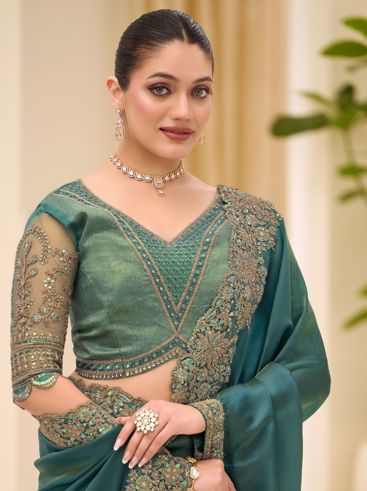 Pine Green Exclusive Party Wear Saree with Sequin Work - TrendOye