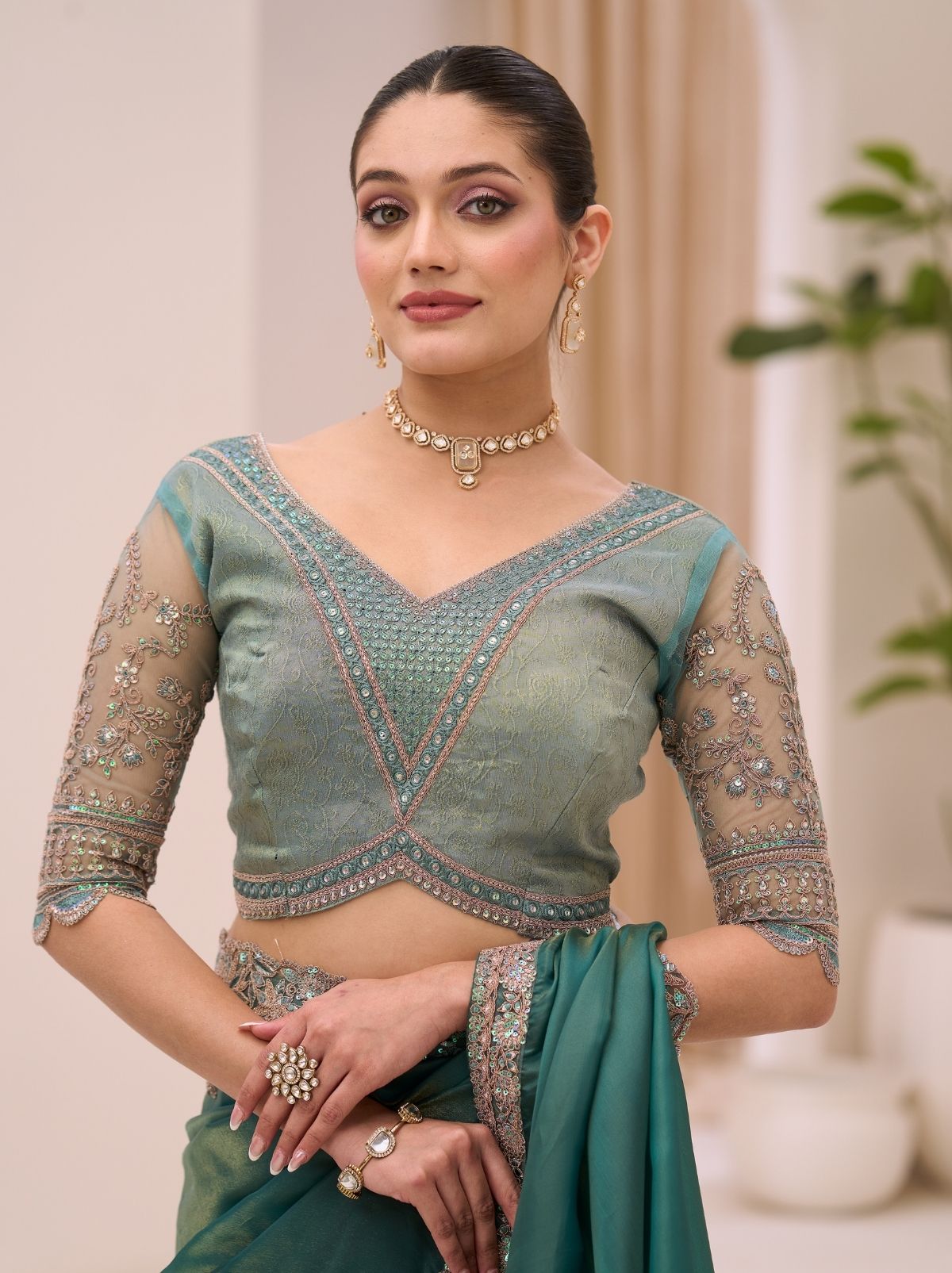 Pine Green Exclusive Party Wear Saree with Sequin Work - TrendOye