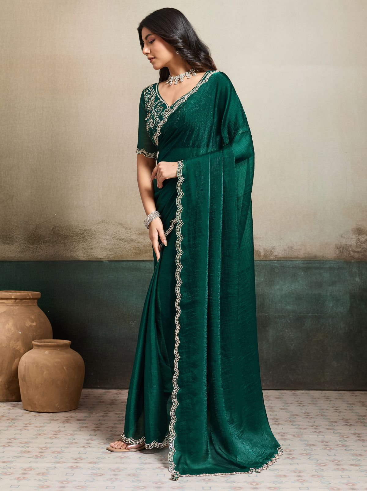 Bottle Green Fancy Chiffon Silk Saree with Zircon Work