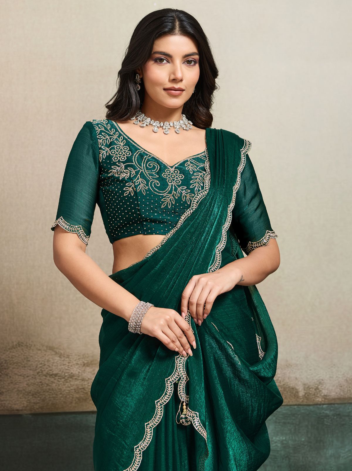 Bottle Green Fancy Chiffon Silk Saree with Zircon Work