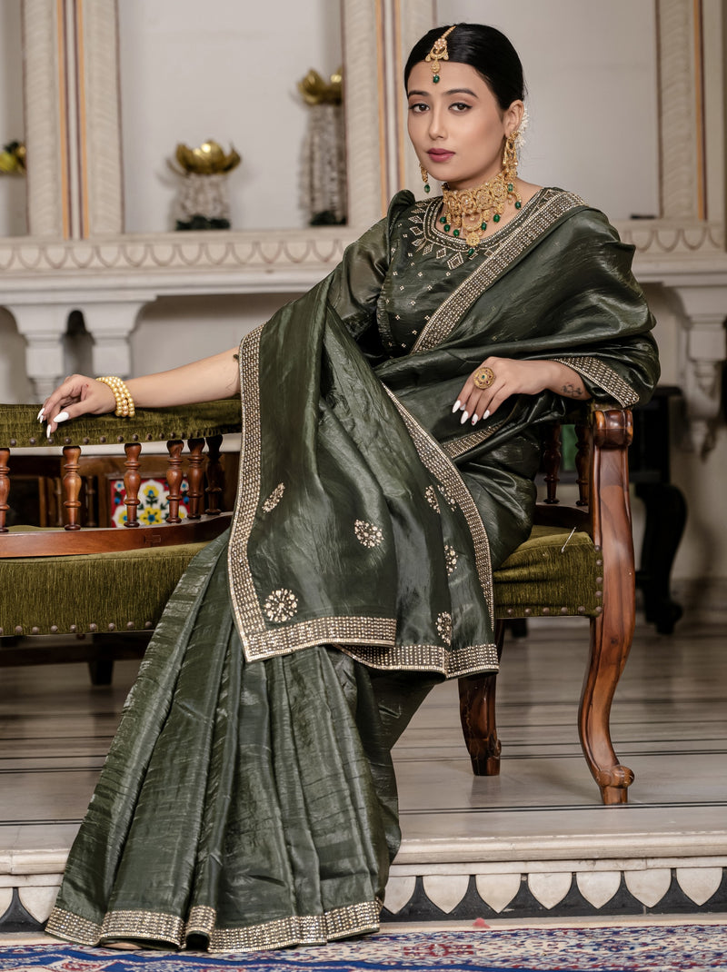 Dark Green Premium Crush Silk Saree Embellished With Zircon Work