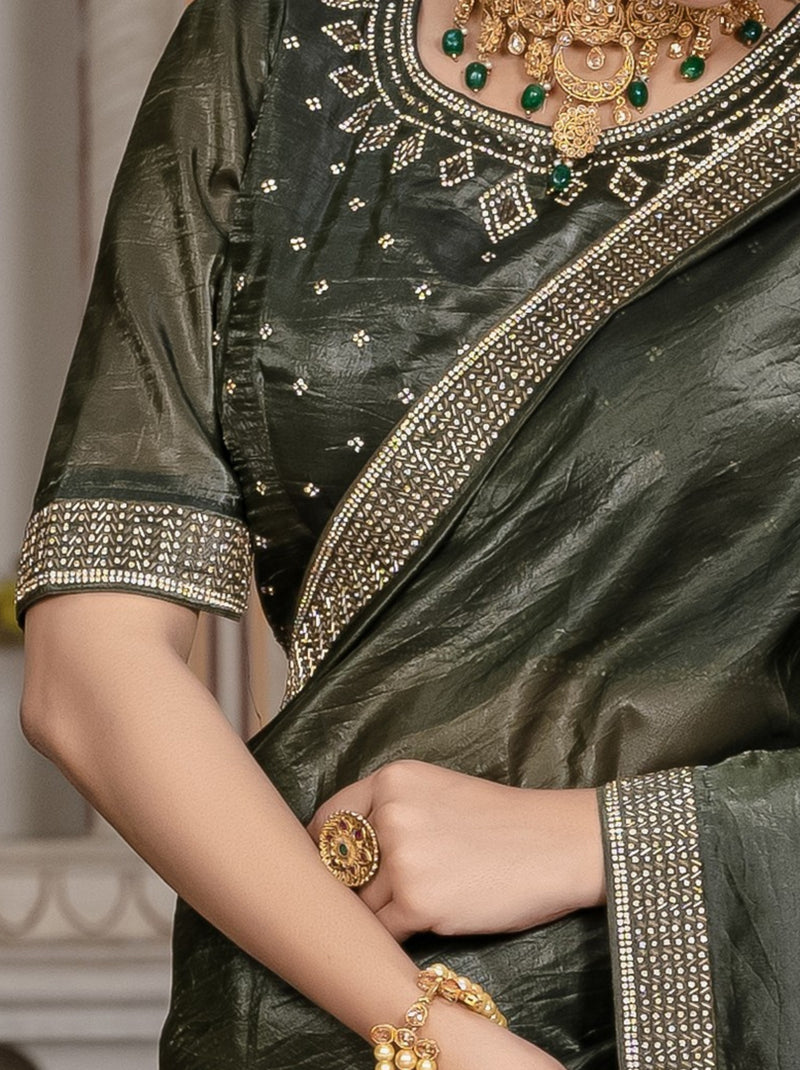 Dark Green Premium Crush Silk Saree Embellished With Zircon Work