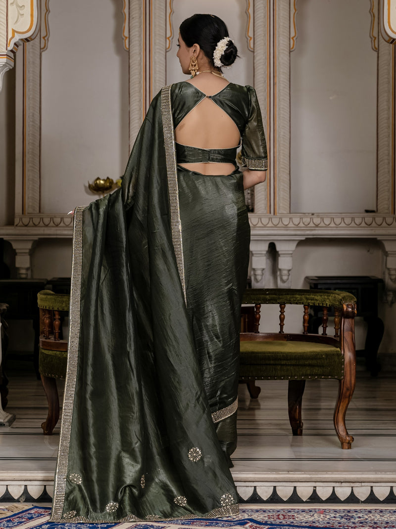 Dark Green Premium Crush Silk Saree Embellished With Zircon Work