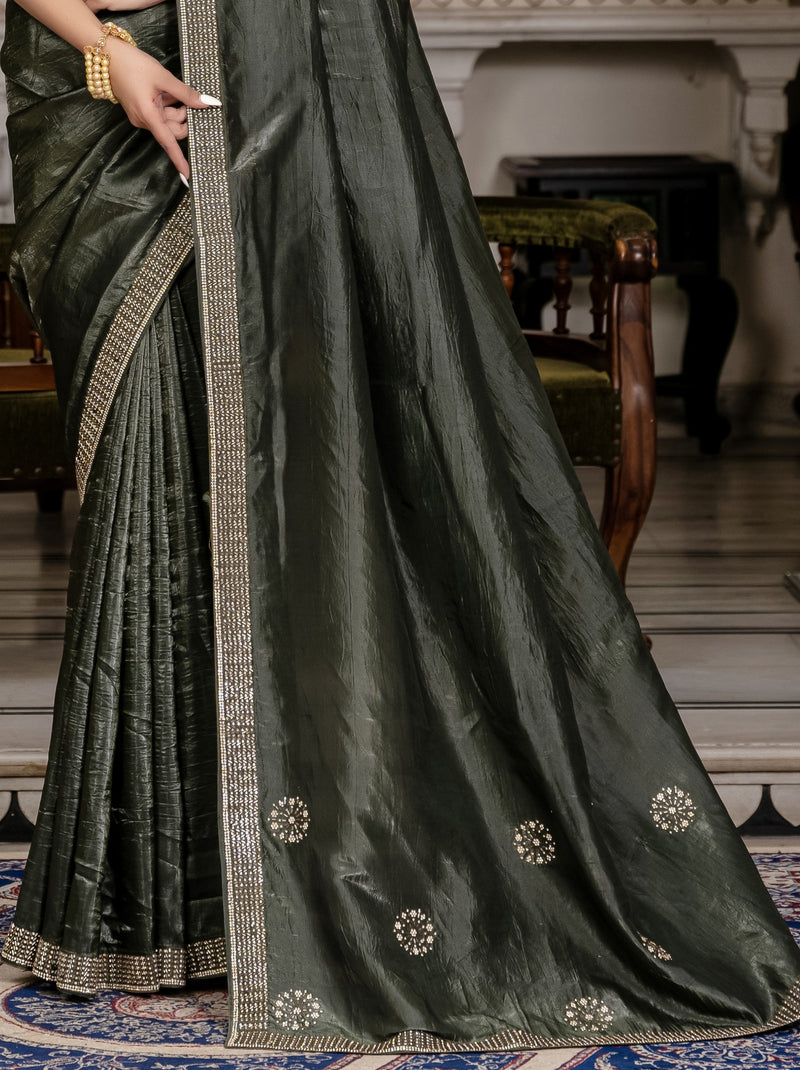 Dark Green Premium Crush Silk Saree Embellished With Zircon Work