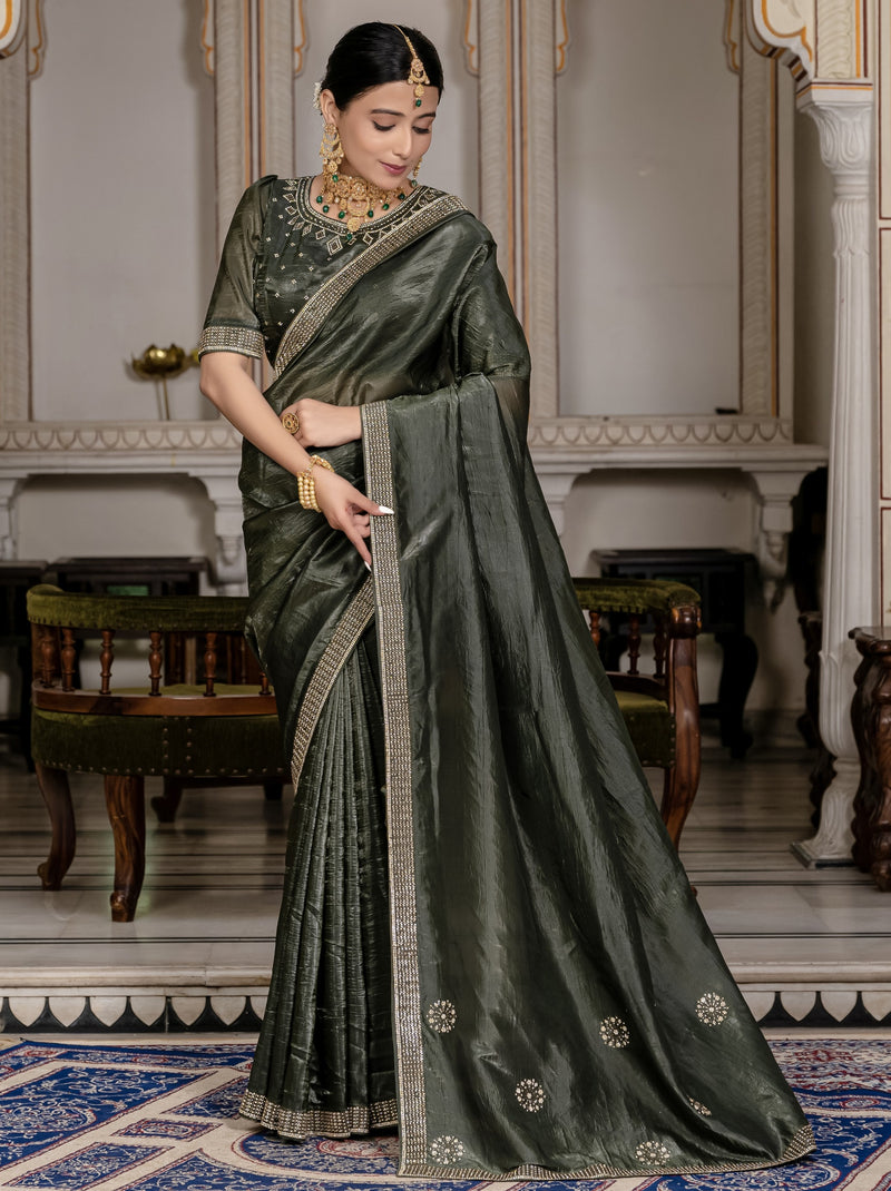 Dark Green Premium Crush Silk Saree Embellished With Zircon Work