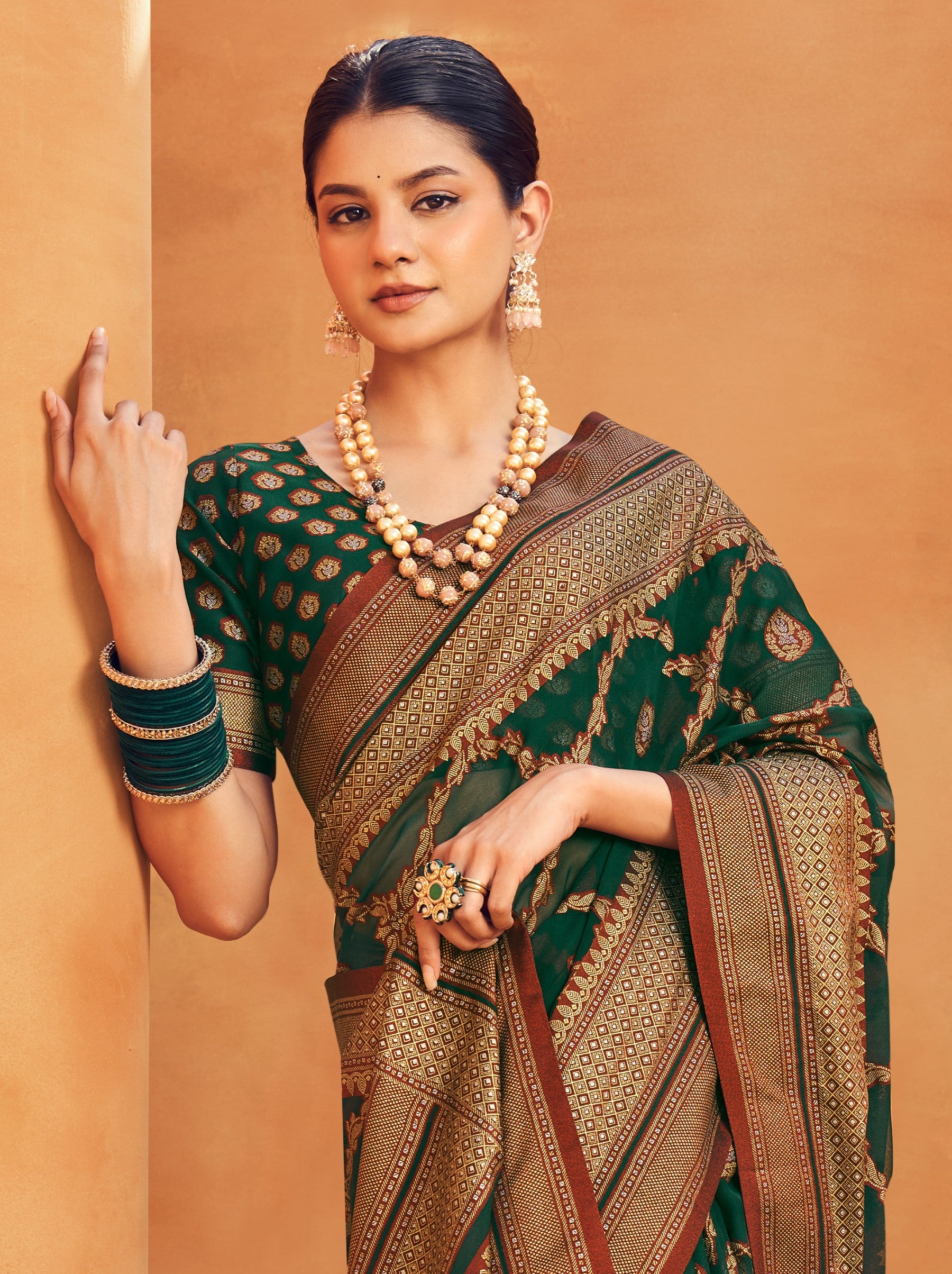 Pine Green Georgette Festive Saree - TrendOye