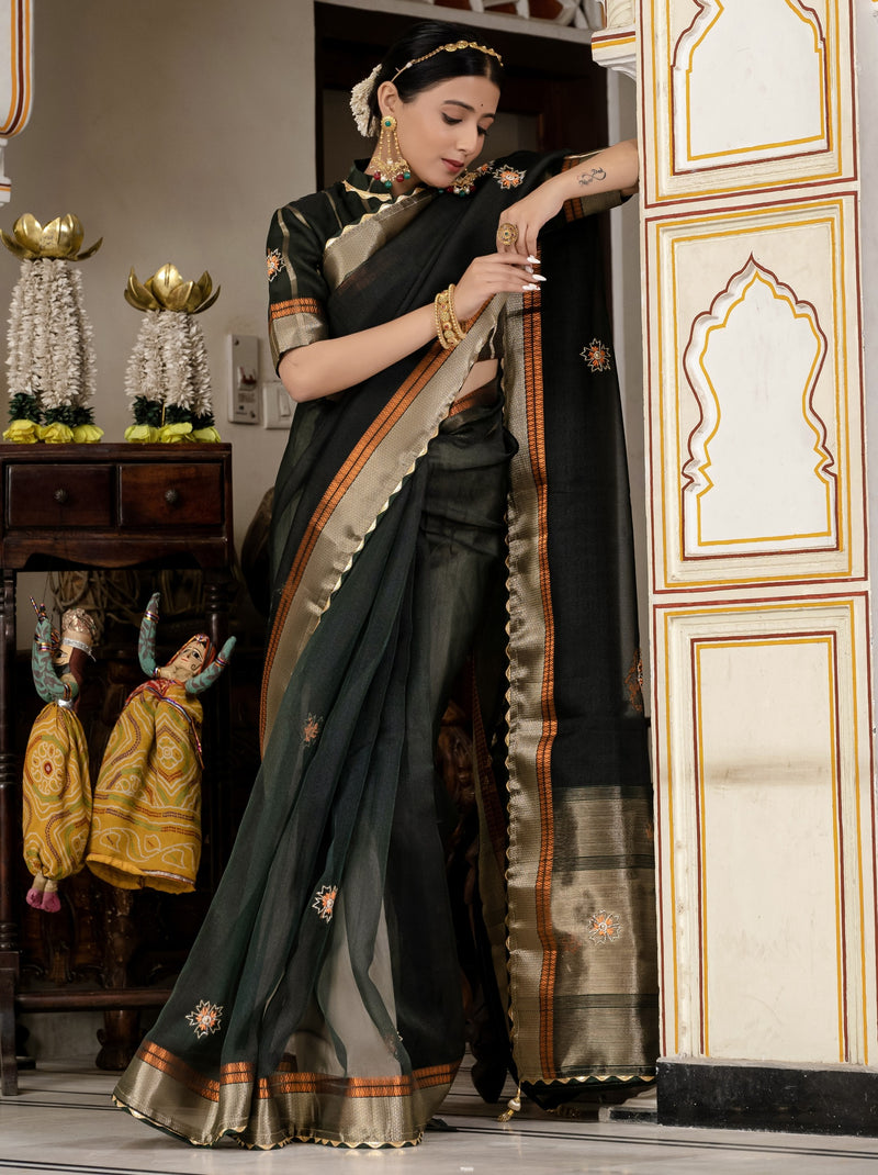 Dark Green Fancy Linen Saree With Blouse Piece