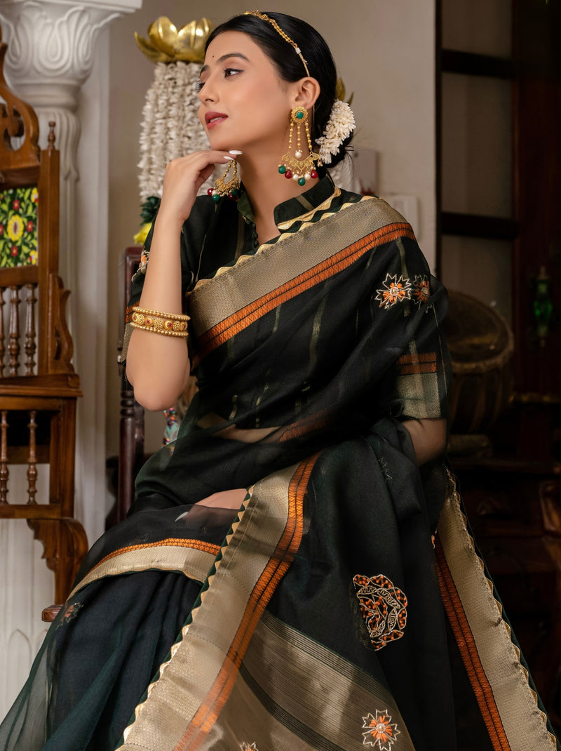 Dark Green Fancy Linen Saree With Blouse Piece