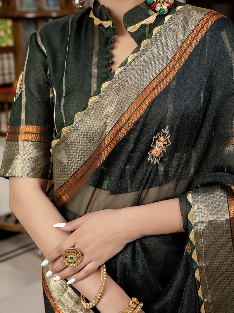 Dark Green Fancy Linen Saree With Blouse Piece