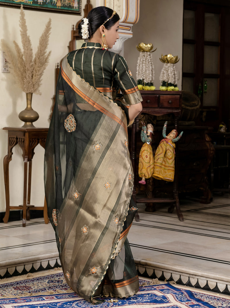 Dark Green Fancy Linen Saree With Blouse Piece