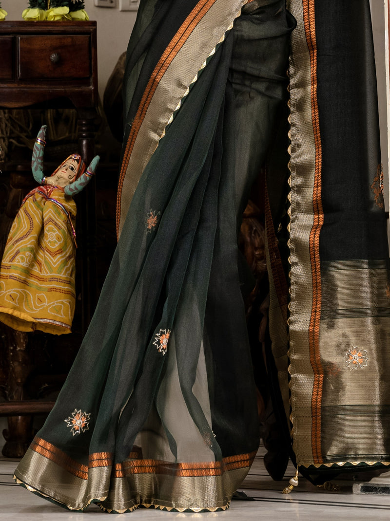 Dark Green Fancy Linen Saree With Blouse Piece