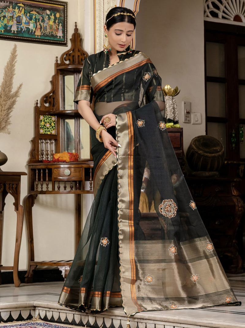 Dark Green Fancy Linen Saree With Blouse Piece
